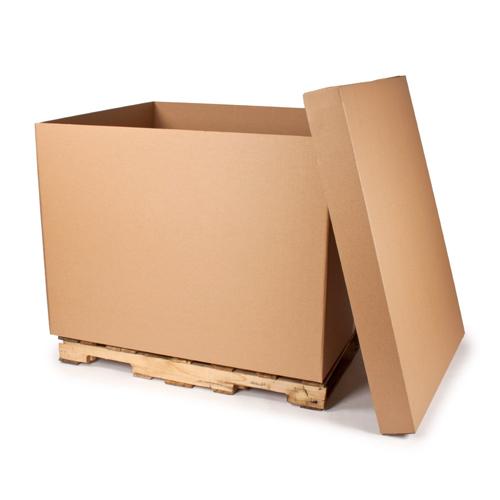 Heavy-duty corrugated bulk container with lid on a wood pallet base